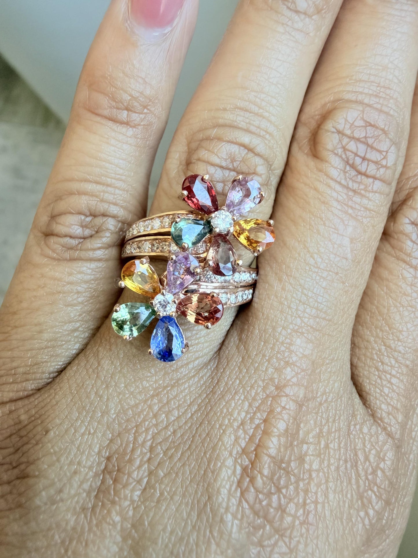 4.82 Carats Natural Sapphire Diamond Flower 14 Karat Rose Gold Cocktail Ring
