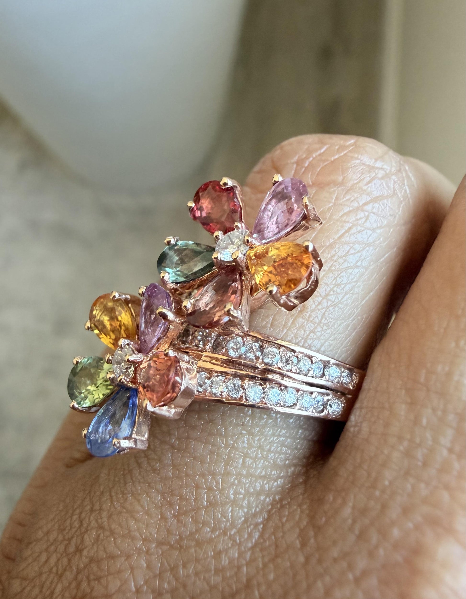 4.82 Carats Natural Sapphire Diamond Flower 14 Karat Rose Gold Cocktail Ring