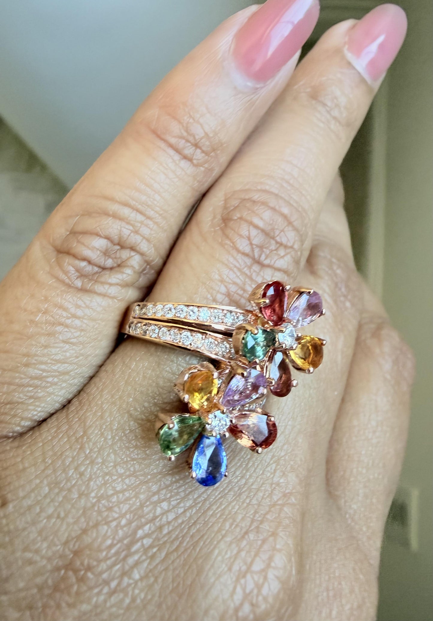 4.82 Carats Natural Sapphire Diamond Flower 14 Karat Rose Gold Cocktail Ring