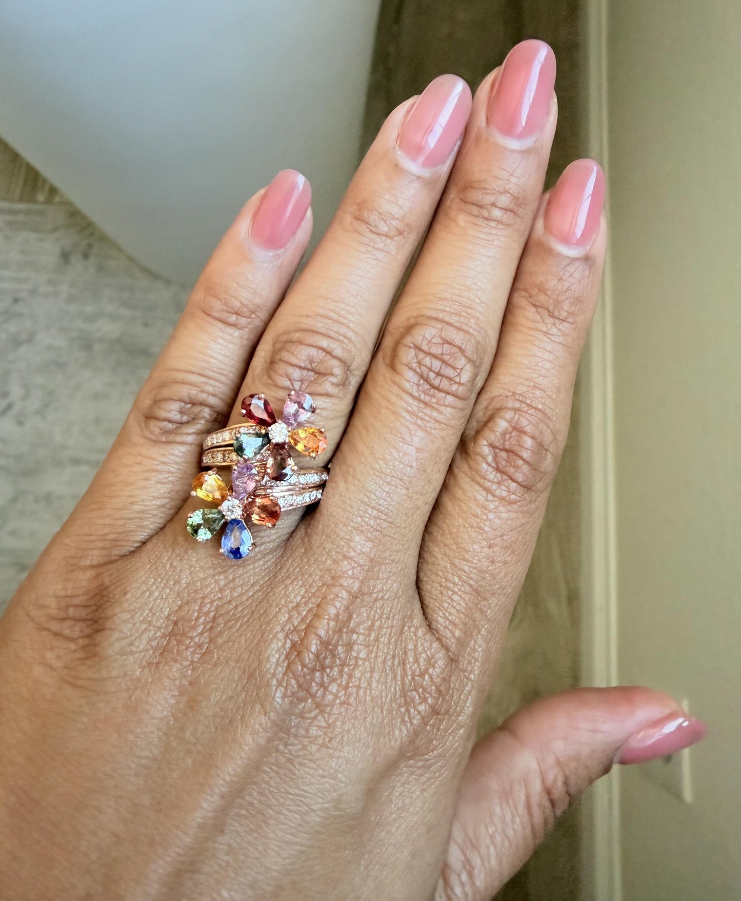4.82 Carats Natural Sapphire Diamond Flower 14 Karat Rose Gold Cocktail Ring