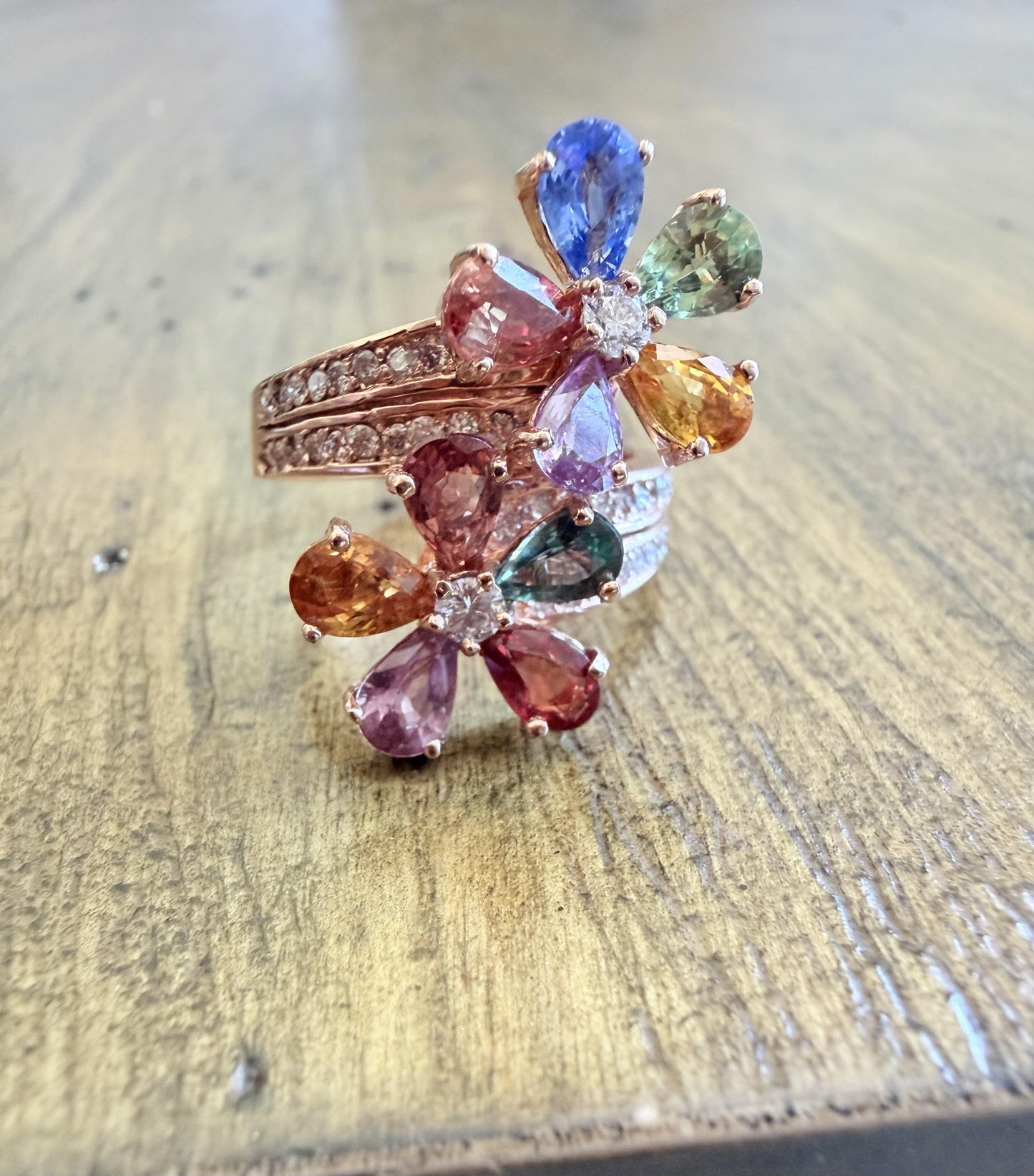 4.82 Carats Natural Sapphire Diamond Flower 14 Karat Rose Gold Cocktail Ring