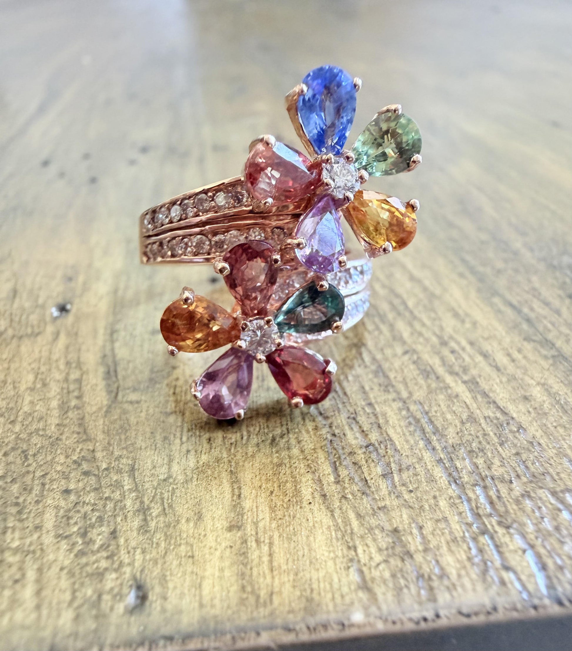 4.82 Carats Natural Sapphire Diamond Flower 14 Karat Rose Gold Cocktail Ring