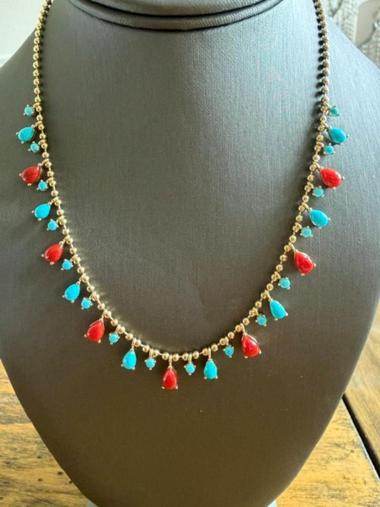 Natural Sleeping Beauty Turquoise Red Coral 14 Karat Gold Ball Chain Necklace