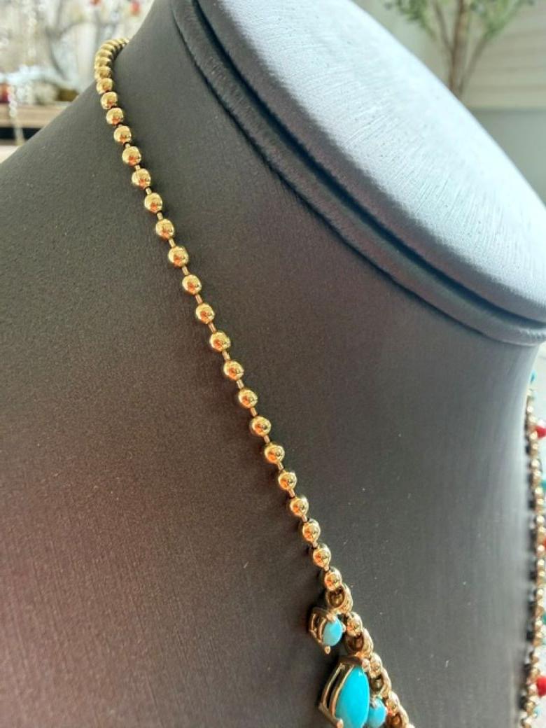 Natural Sleeping Beauty Turquoise Red Coral 14 Karat Gold Ball Chain Necklace