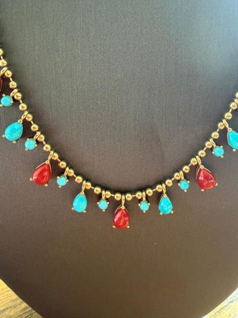 Natural Sleeping Beauty Turquoise Red Coral 14 Karat Gold Ball Chain Necklace