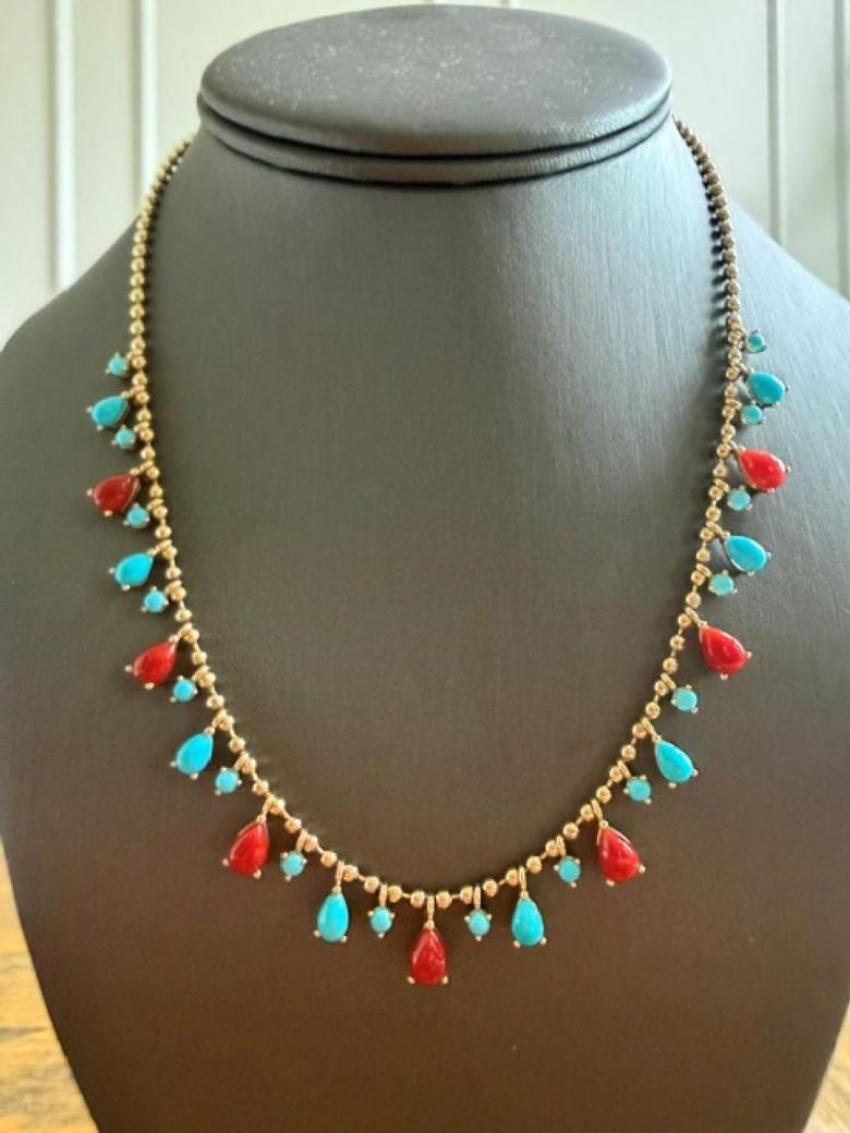 Natural Sleeping Beauty Turquoise Red Coral 14 Karat Gold Ball Chain Necklace