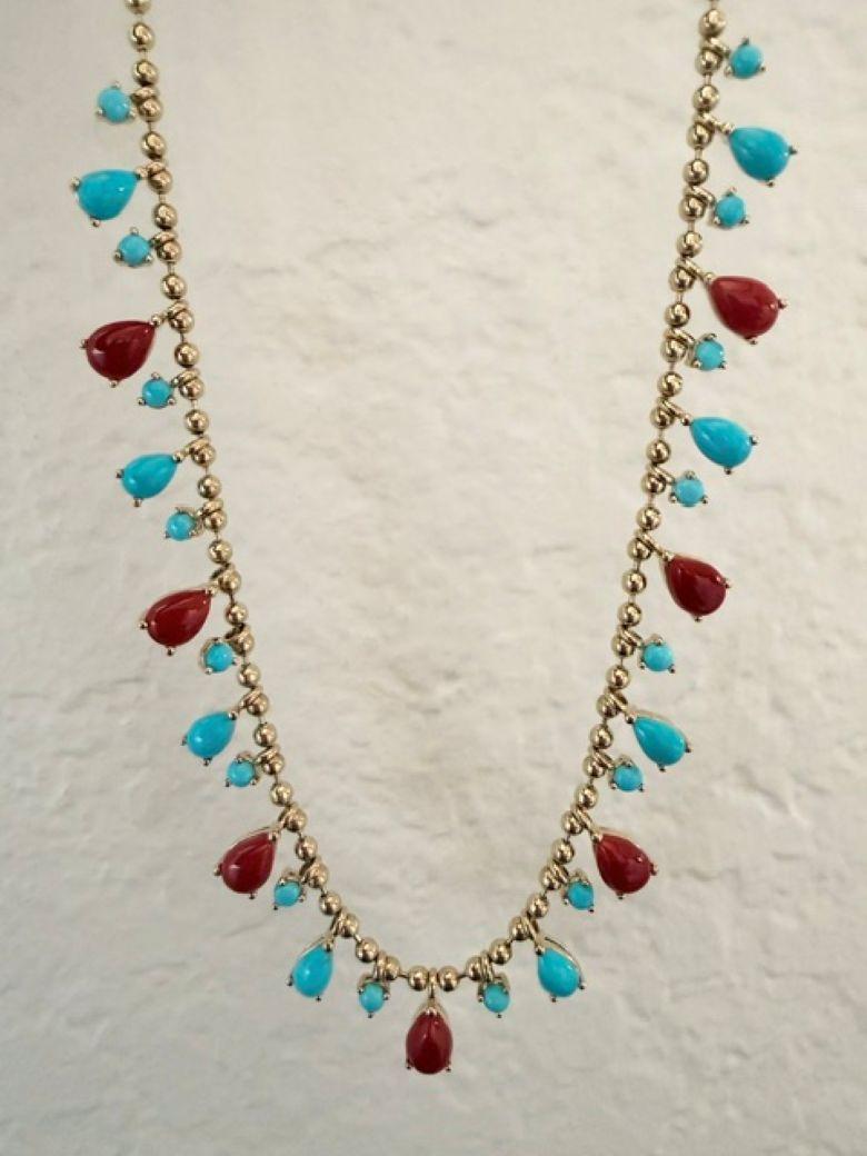 Natural Sleeping Beauty Turquoise Red Coral 14 Karat Gold Ball Chain Necklace