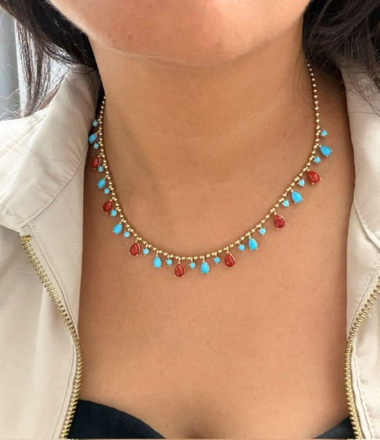 Natural Sleeping Beauty Turquoise Red Coral 14 Karat Gold Ball Chain Necklace