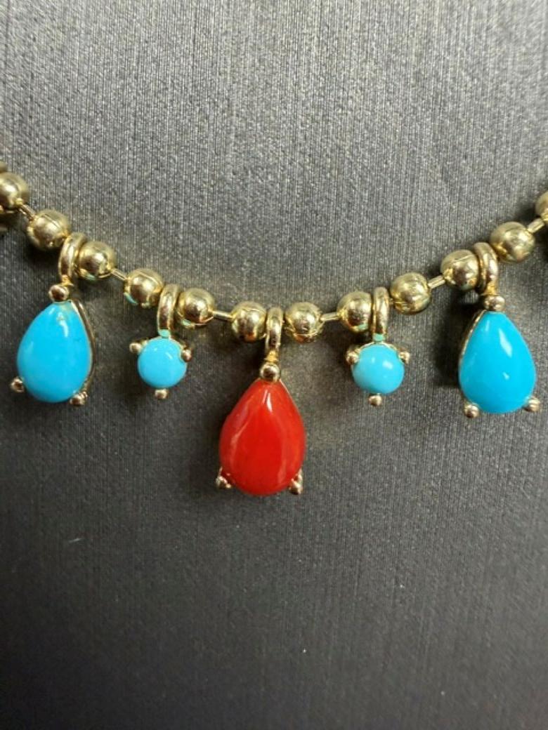 Natural Sleeping Beauty Turquoise Red Coral 14 Karat Gold Ball Chain Necklace