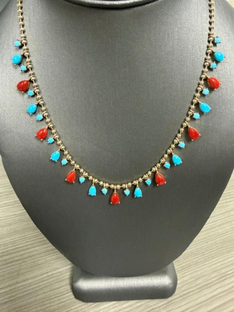 Natural Sleeping Beauty Turquoise Red Coral 14 Karat Gold Ball Chain Necklace