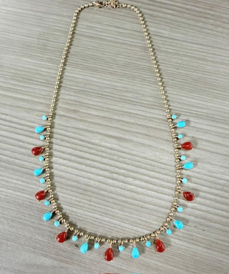 Natural Sleeping Beauty Turquoise Red Coral 14 Karat Gold Ball Chain Necklace