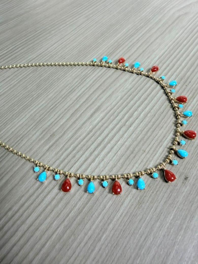 Natural Sleeping Beauty Turquoise Red Coral 14 Karat Gold Ball Chain Necklace