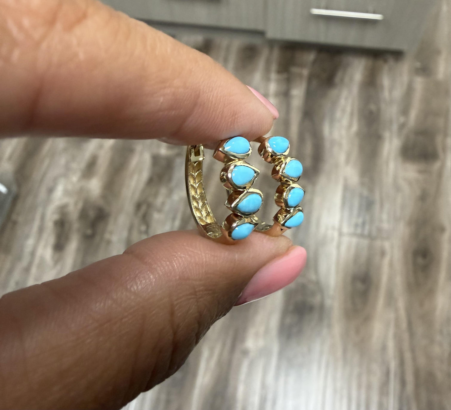 Sleeping Beauty Turquoise Yellow Gold Bezel Hoop Earrings