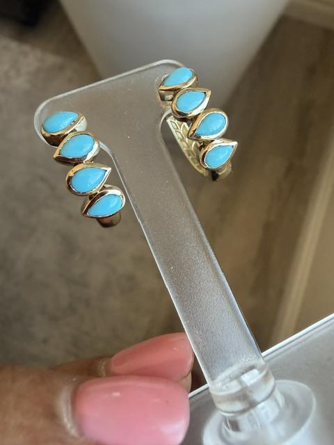 Sleeping Beauty Turquoise Yellow Gold Bezel Hoop Earrings