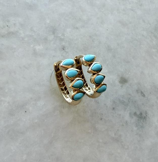 Sleeping Beauty Turquoise Yellow Gold Bezel Hoop Earrings