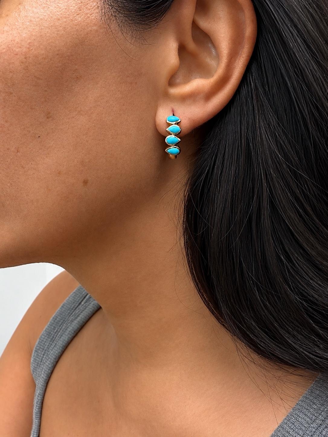 Sleeping Beauty Turquoise Yellow Gold Bezel Hoop Earrings