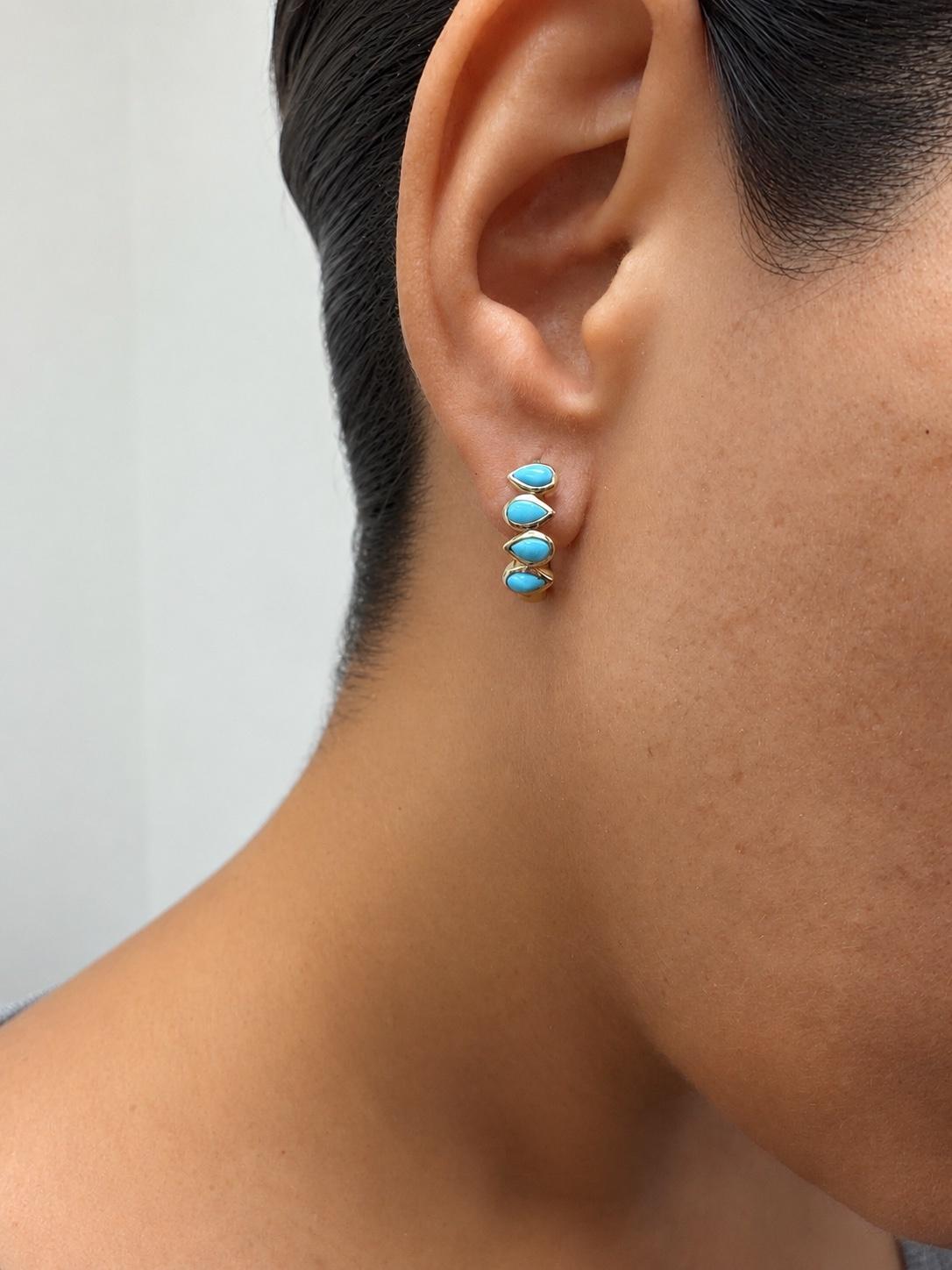 Sleeping Beauty Turquoise Yellow Gold Bezel Hoop Earrings