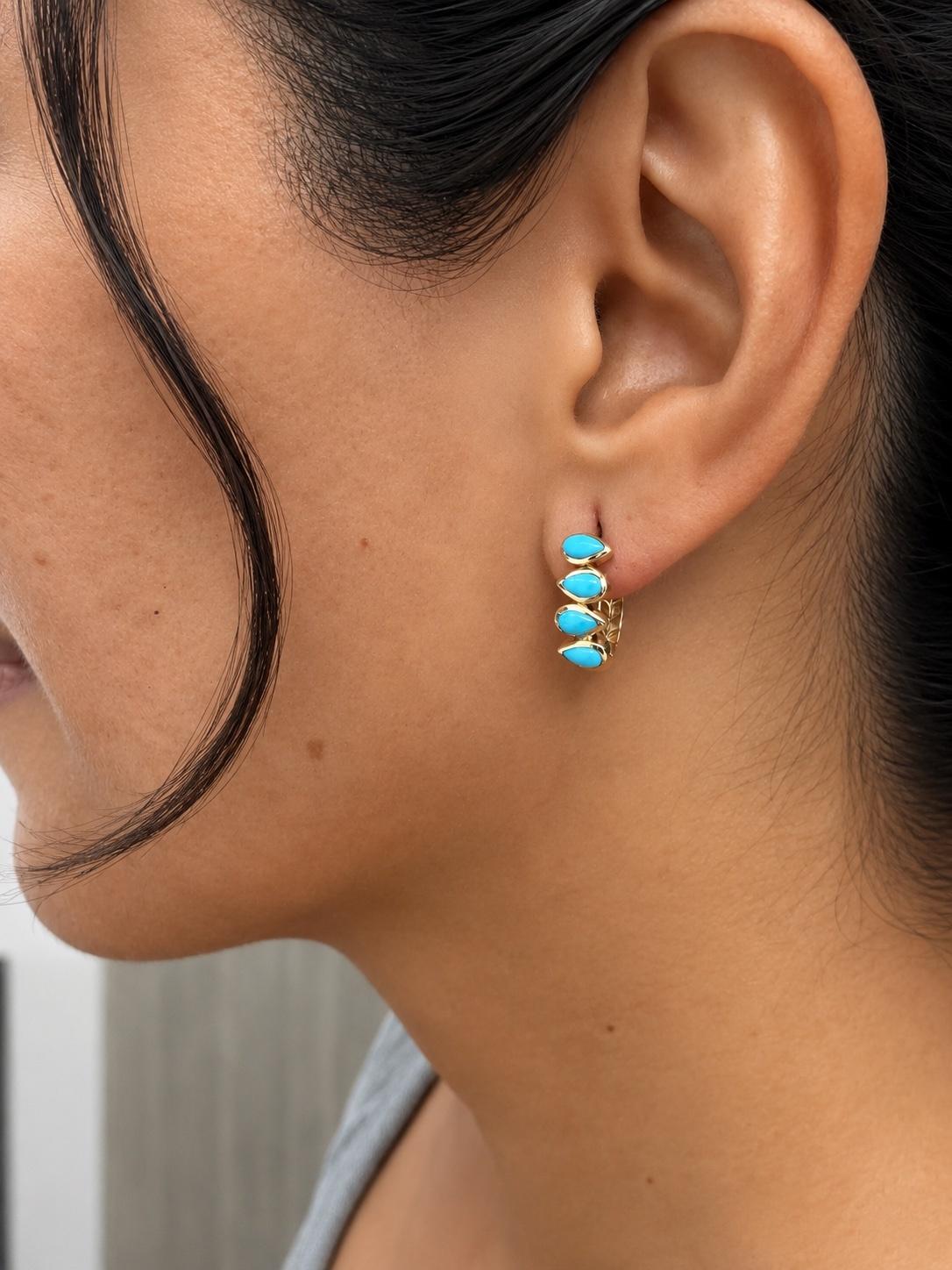 Sleeping Beauty Turquoise Yellow Gold Bezel Hoop Earrings