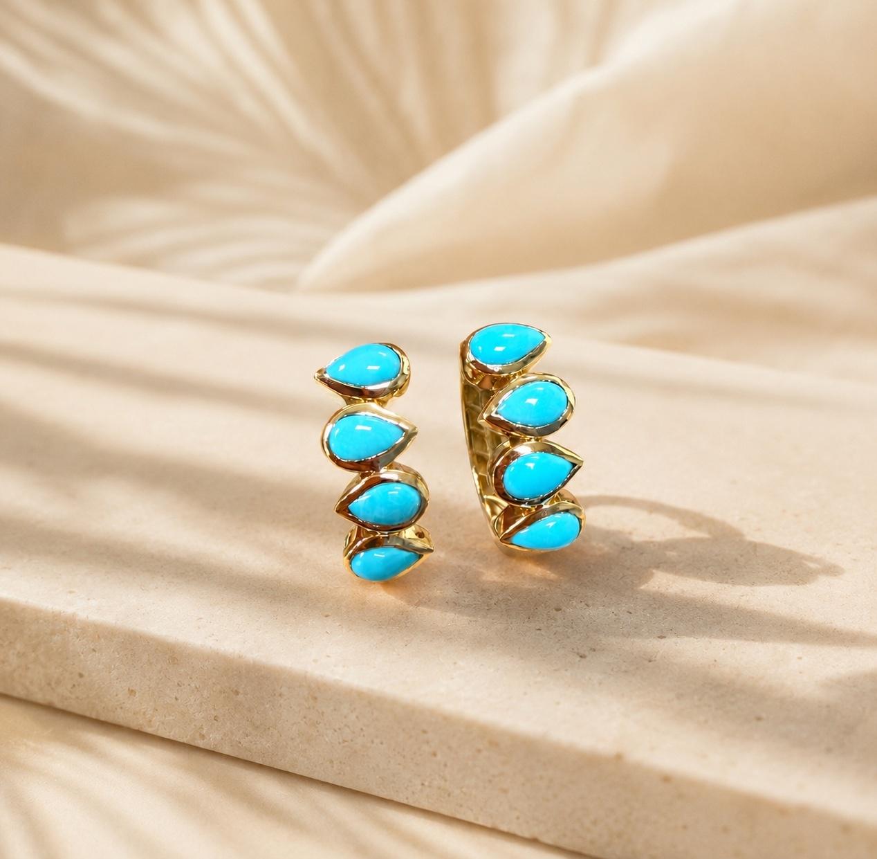 Sleeping Beauty Turquoise Yellow Gold Bezel Hoop Earrings