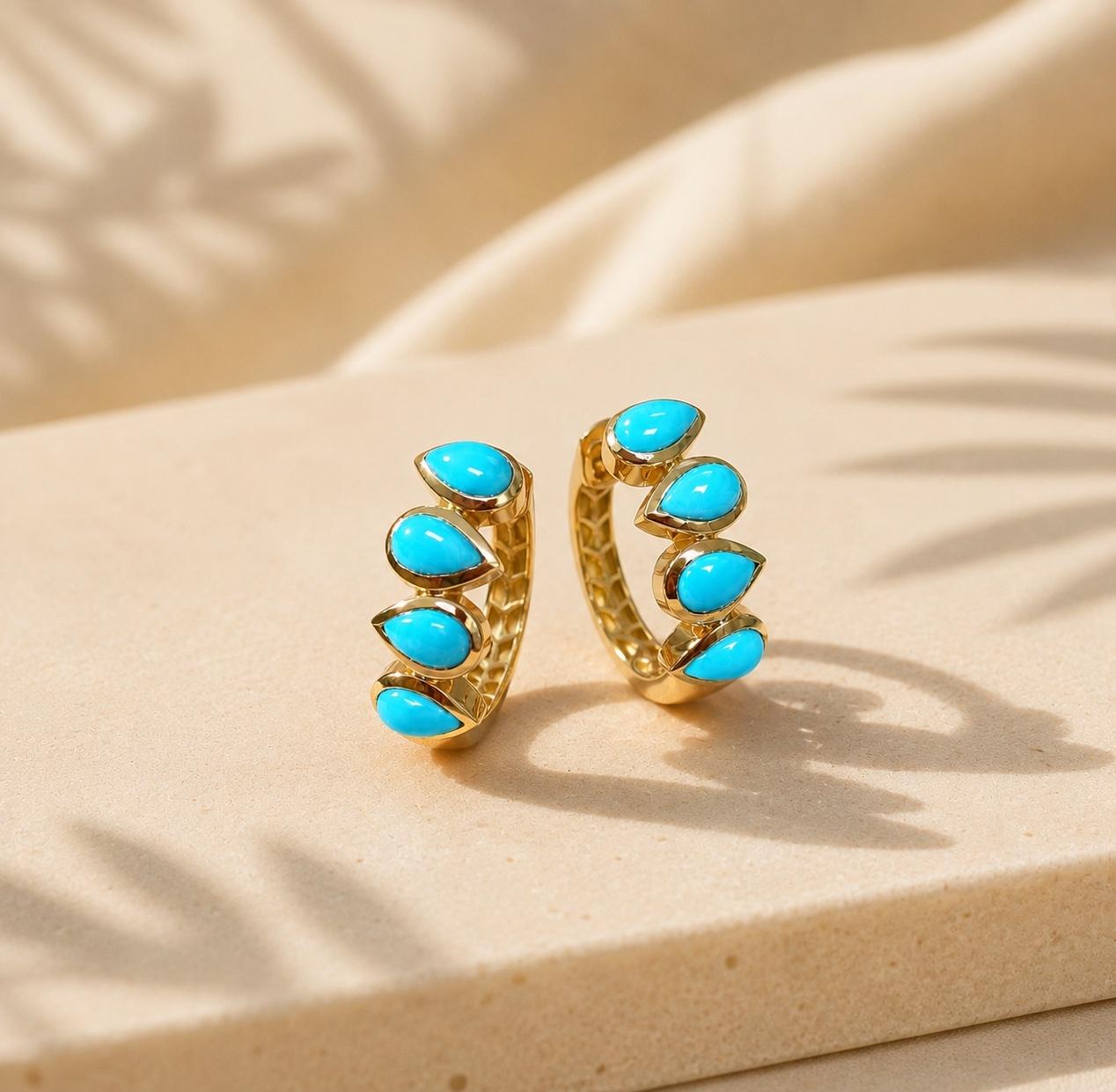 Sleeping Beauty Turquoise Yellow Gold Bezel Hoop Earrings