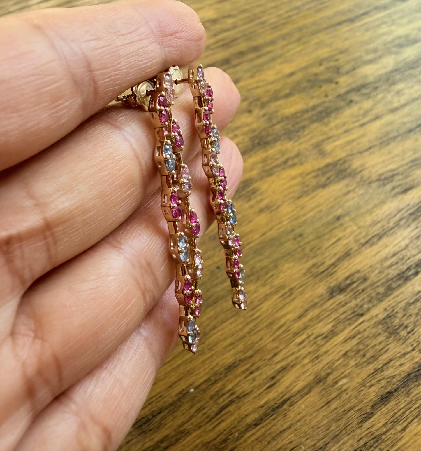 3.79 Carat Natural Pink Blue Sapphire 14 Karat Yellow Gold Drop Earrings