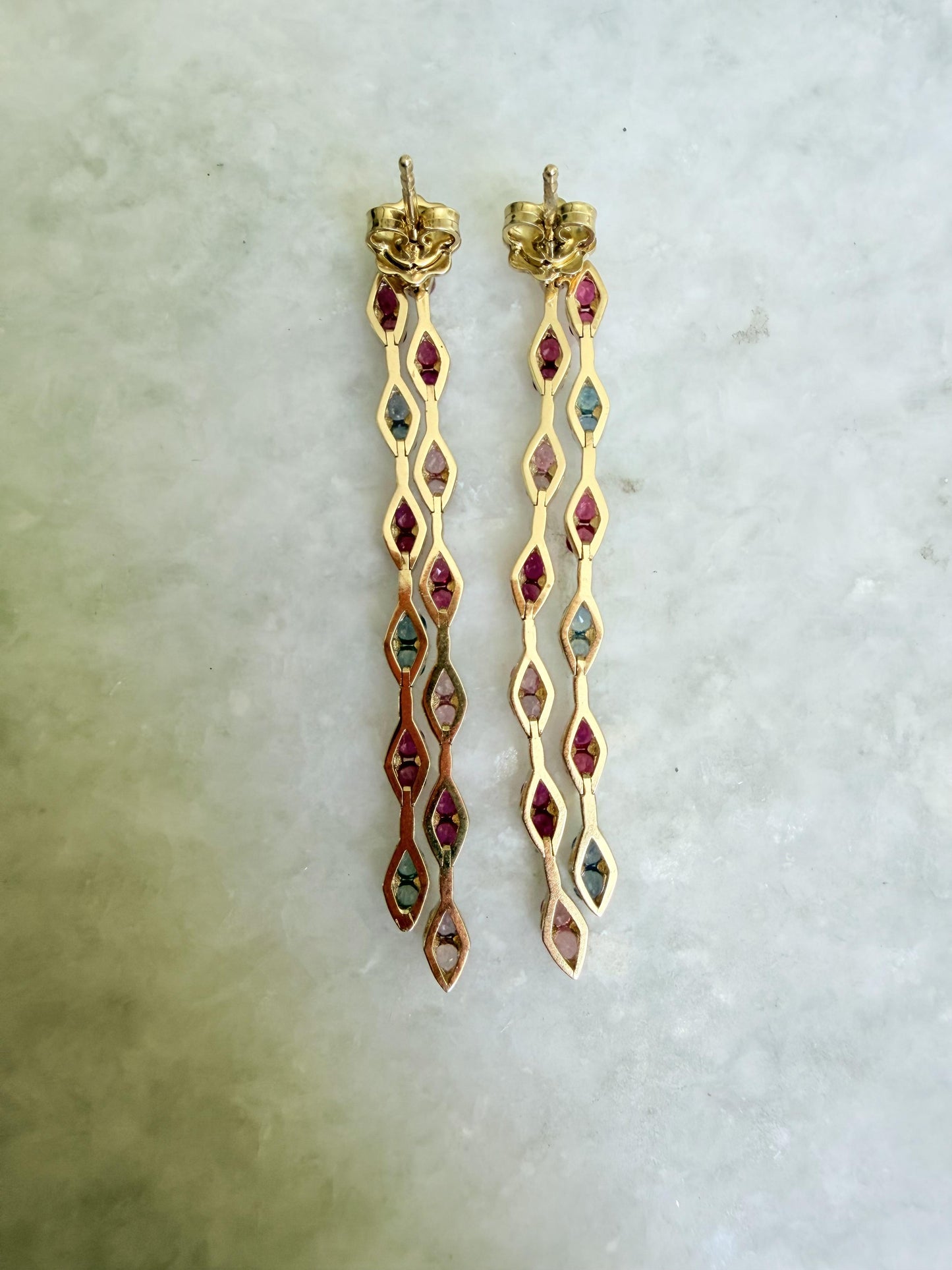 3.79 Carat Natural Pink Blue Sapphire 14 Karat Yellow Gold Drop Earrings
