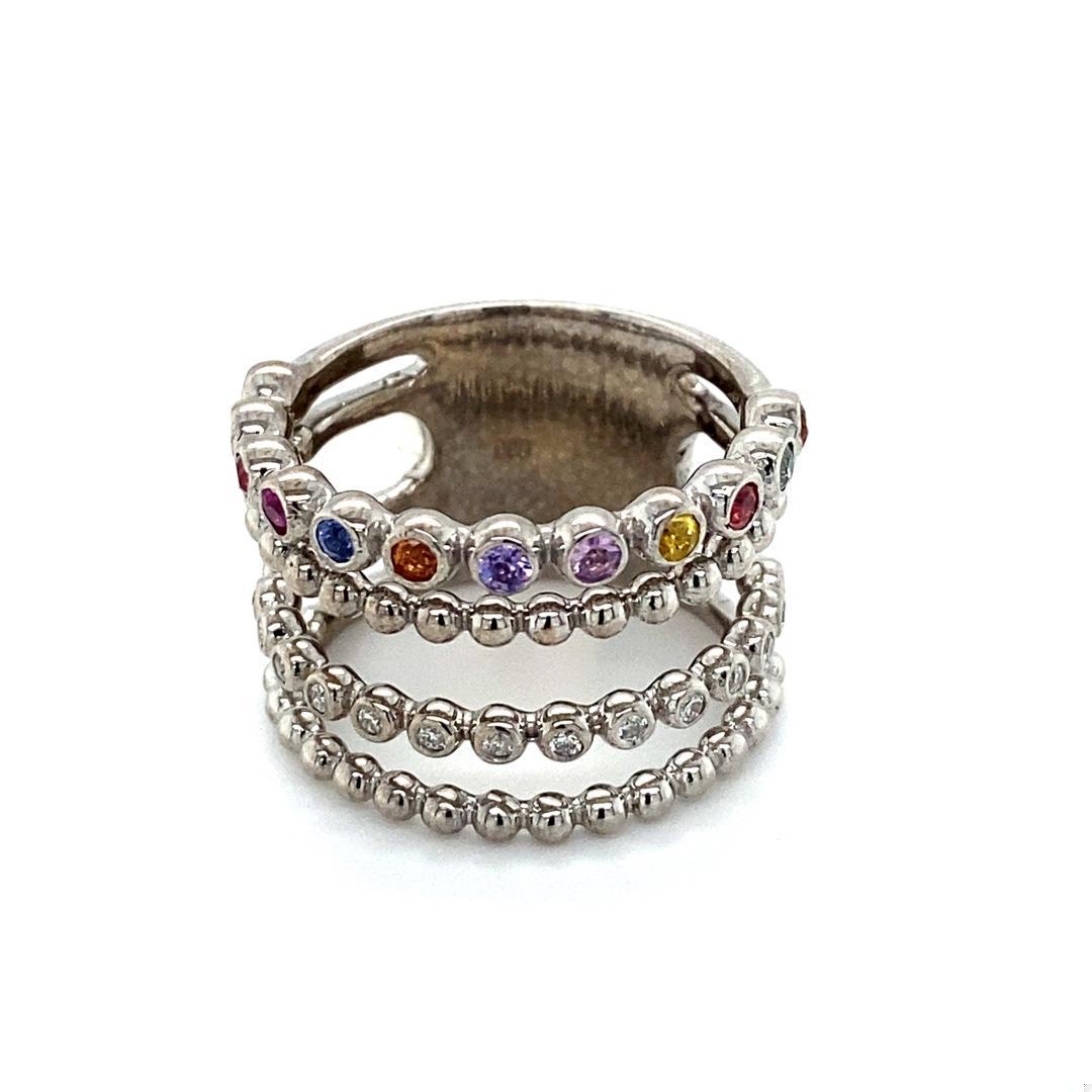 Multi Color Sapphire Diamond White Gold Stacked Band