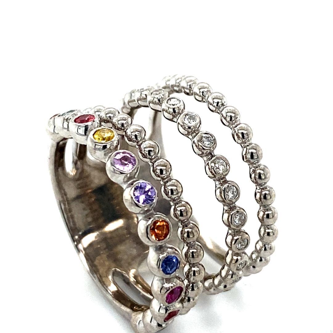 Multi Color Sapphire Diamond White Gold Stacked Band