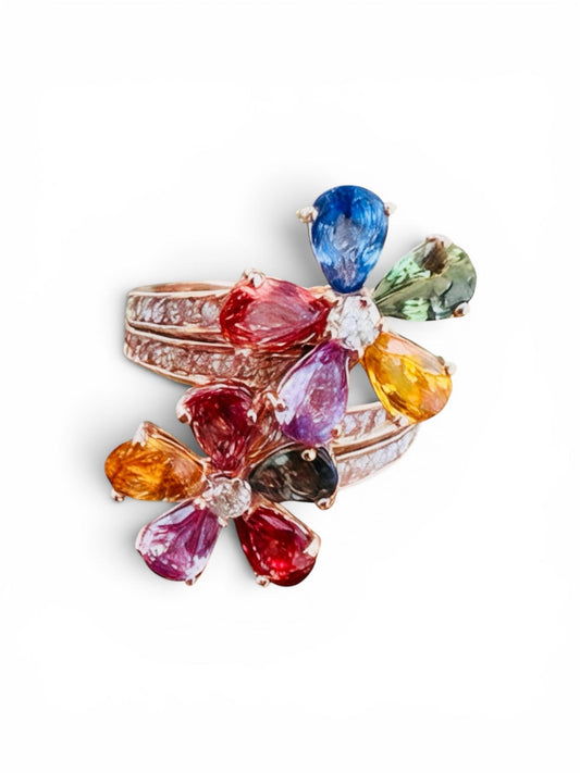4.82 Carats Natural Sapphire Diamond Flower 14 Karat Rose Gold Cocktail Ring