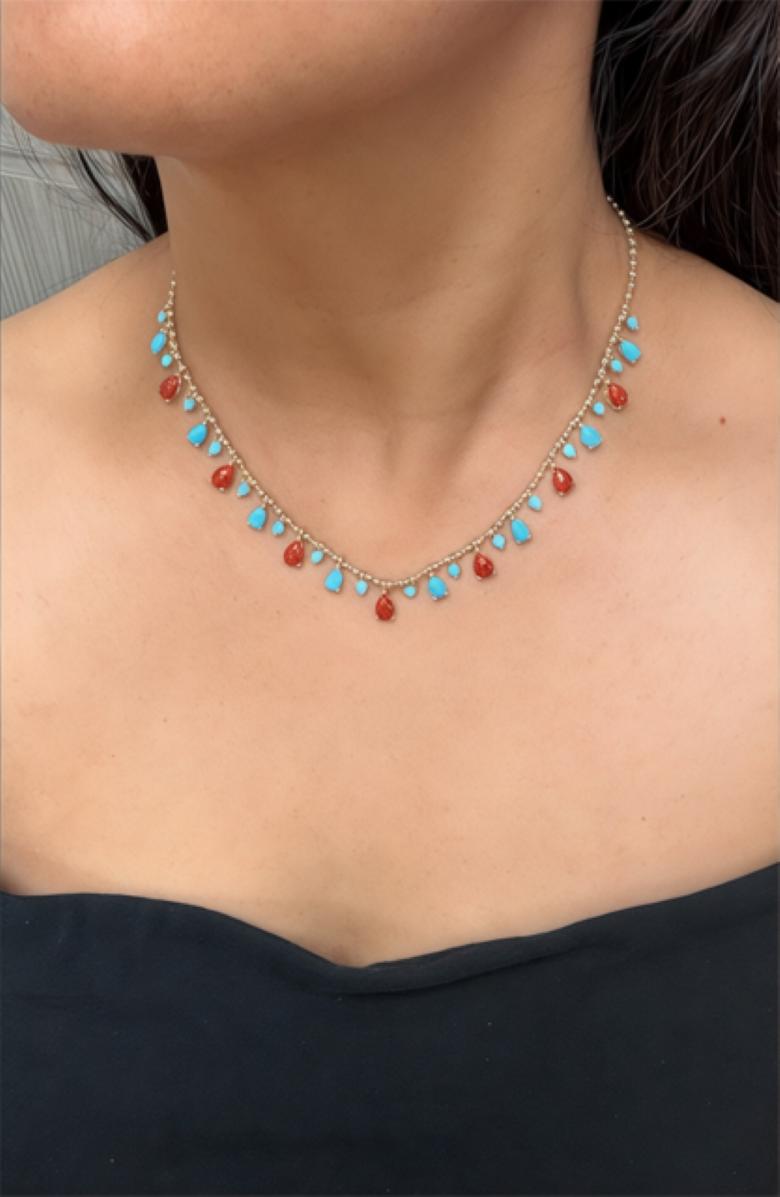 Natural Sleeping Beauty Turquoise Red Coral 14 Karat Gold Ball Chain Necklace