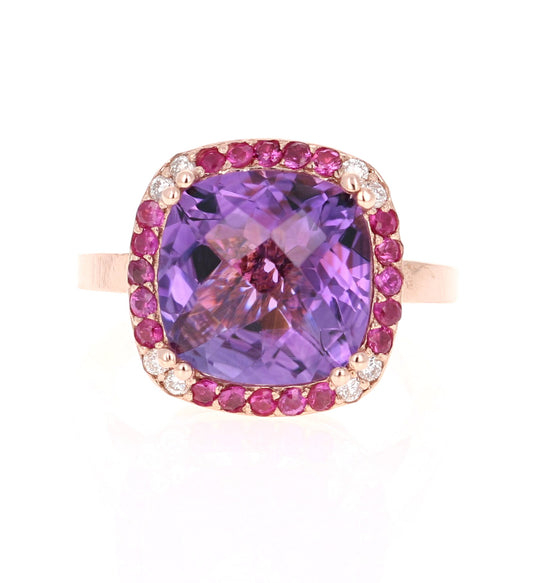 6.63 Ct Amethyst, Pink Sapphire, Diamond 14K Rose Gold Cocktail Ring