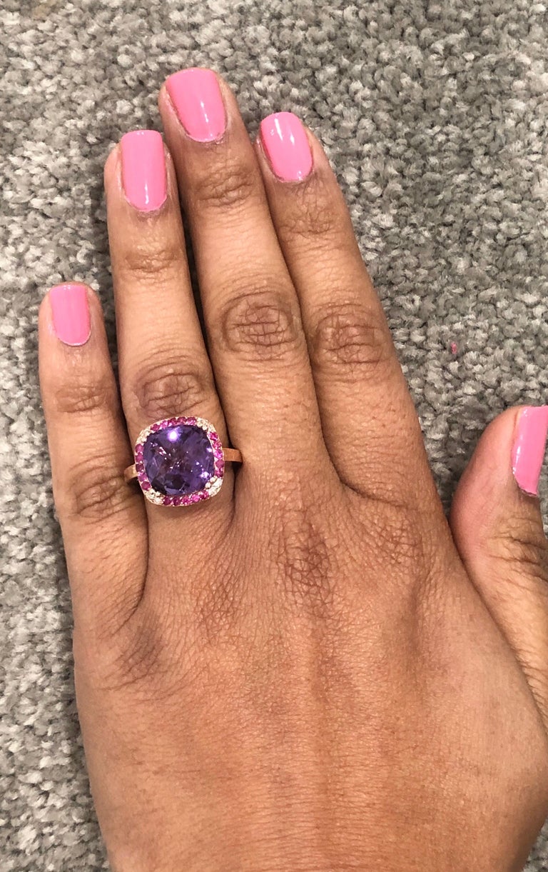 6.63 Ct Amethyst, Pink Sapphire, Diamond 14K Rose Gold Cocktail Ring