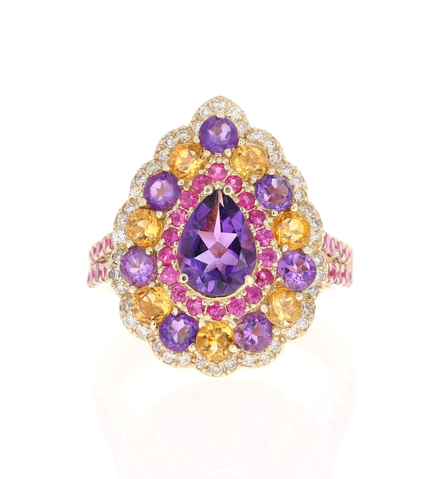 3.28 Ct Amethyst, Pink Sapphire Diamond 14K Yellow Gold Cocktail Ring