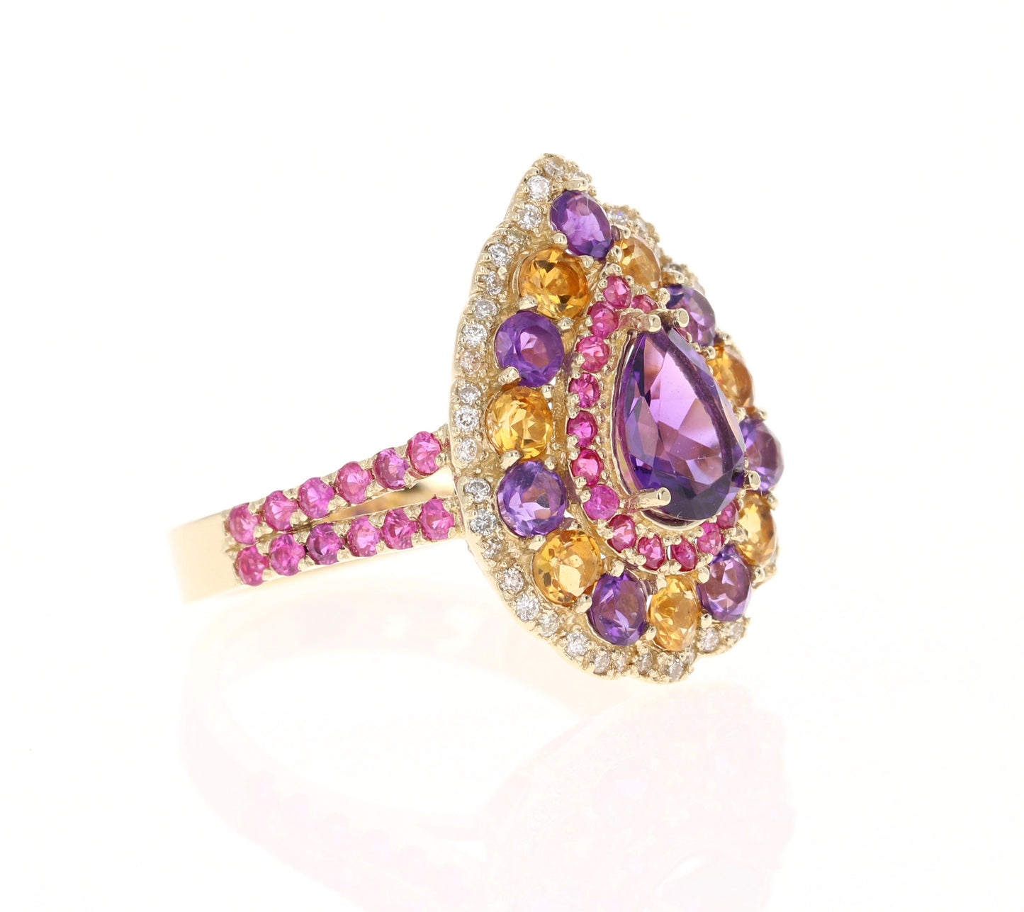 3.28 Ct Amethyst, Pink Sapphire Diamond 14K Yellow Gold Cocktail Ring