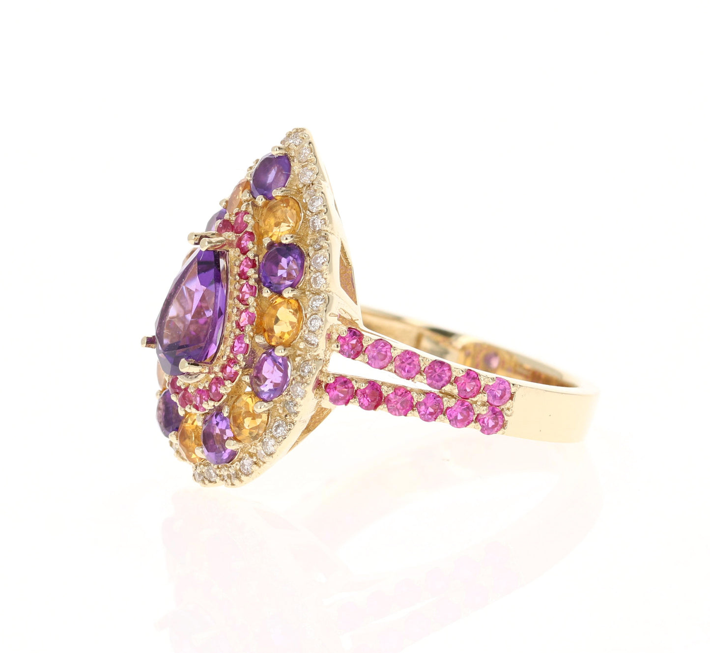 3.28 Ct Amethyst, Pink Sapphire Diamond 14K Yellow Gold Cocktail Ring