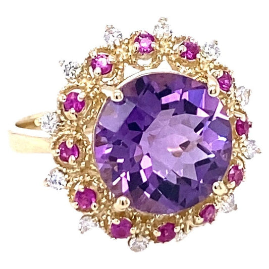 5.38 Ct Amethyst, Pink Sapphire, Diamond 14K Yellow Gold Cocktail Ring