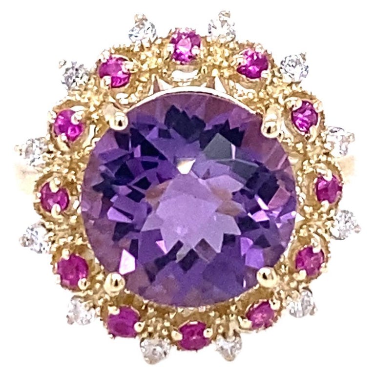 5.38 Ct Amethyst, Pink Sapphire, Diamond 14K Yellow Gold Cocktail Ring