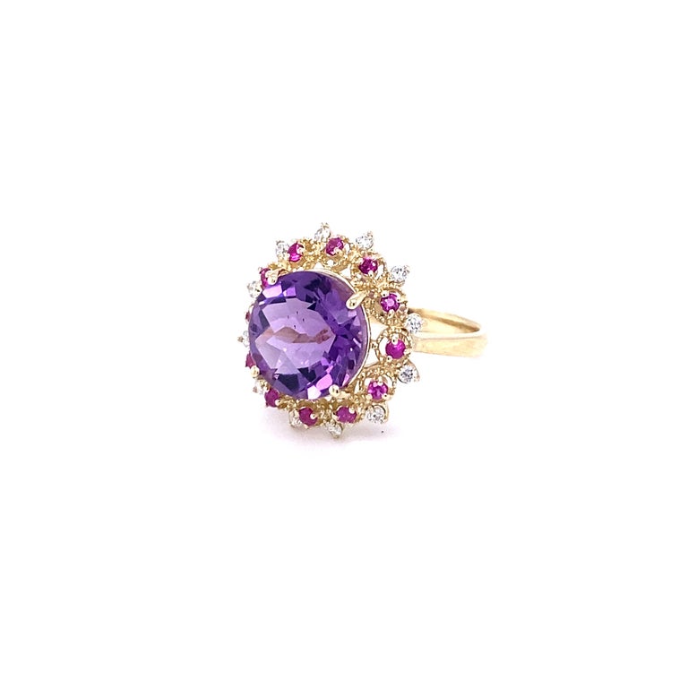 5.38 Ct Amethyst, Pink Sapphire, Diamond 14K Yellow Gold Cocktail Ring