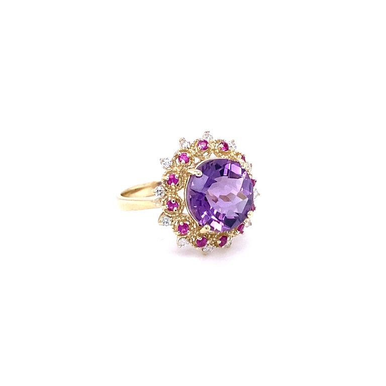 5.38 Ct Amethyst, Pink Sapphire, Diamond 14K Yellow Gold Cocktail Ring