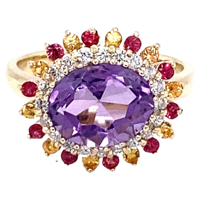 3.37 Ct Amethyst, Diamond, Sapphire 14K Yellow Gold Cocktail Ring