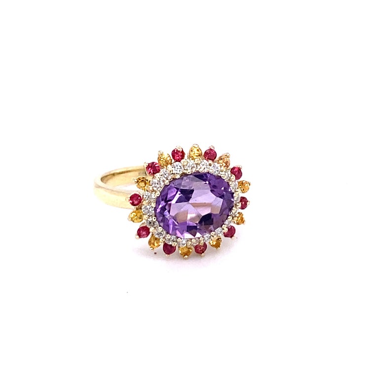 3.37 Ct Amethyst, Diamond, Sapphire 14K Yellow Gold Cocktail Ring