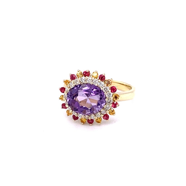 3.37 Ct Amethyst, Diamond, Sapphire 14K Yellow Gold Cocktail Ring