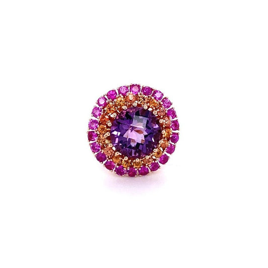 7.44 Ct Amethyst, Pink Sapphire, Orange Sapphire 14K Rose Gold Cluster Ring