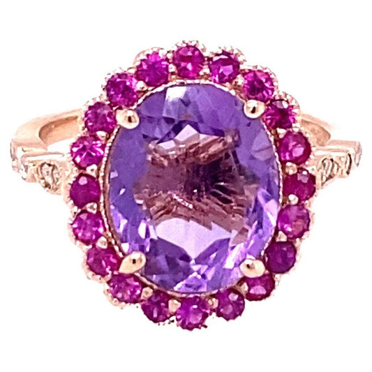 3.79 Ct Amethyst, Pink Sapphire, Diamond Rose Gold Engagement Ring