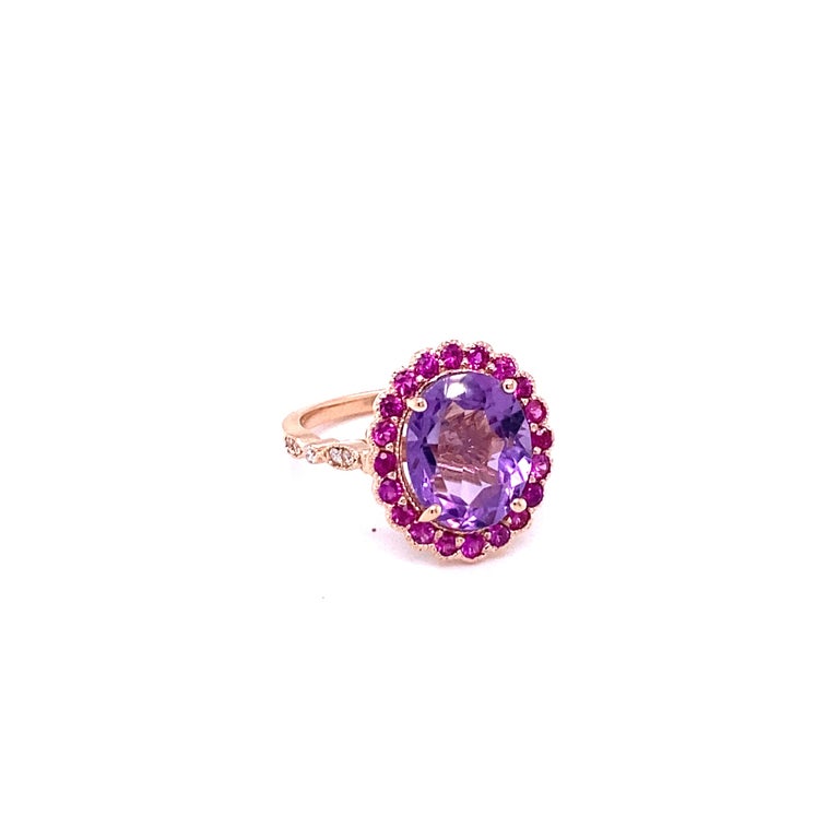 3.79 Ct Amethyst, Pink Sapphire, Diamond Rose Gold Engagement Ring