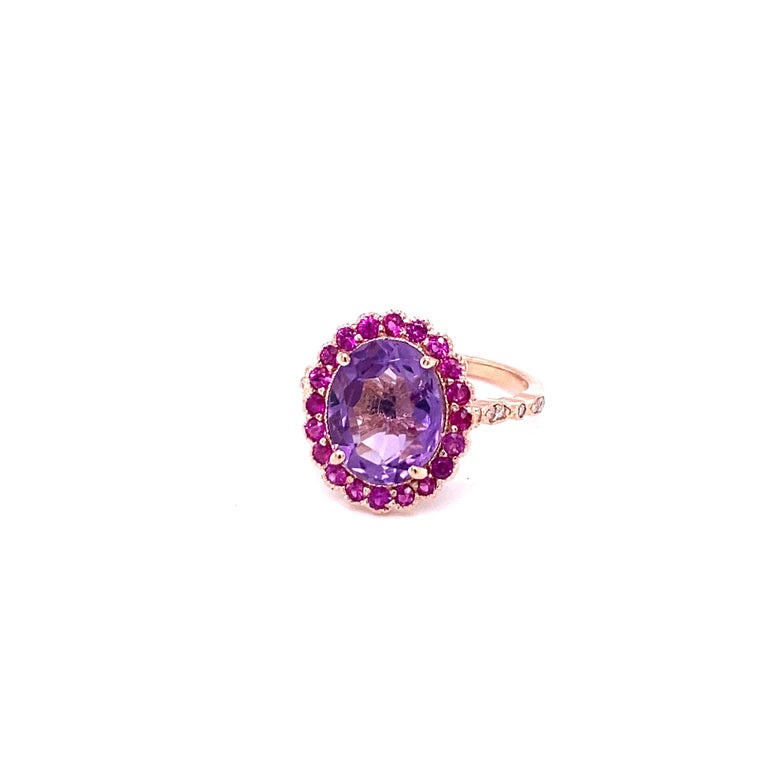 3.79 Ct Amethyst, Pink Sapphire, Diamond Rose Gold Engagement Ring