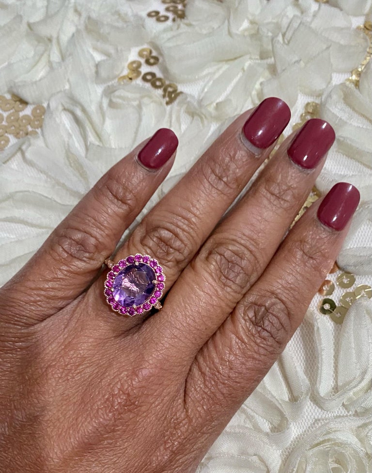 3.79 Ct Amethyst, Pink Sapphire, Diamond Rose Gold Engagement Ring