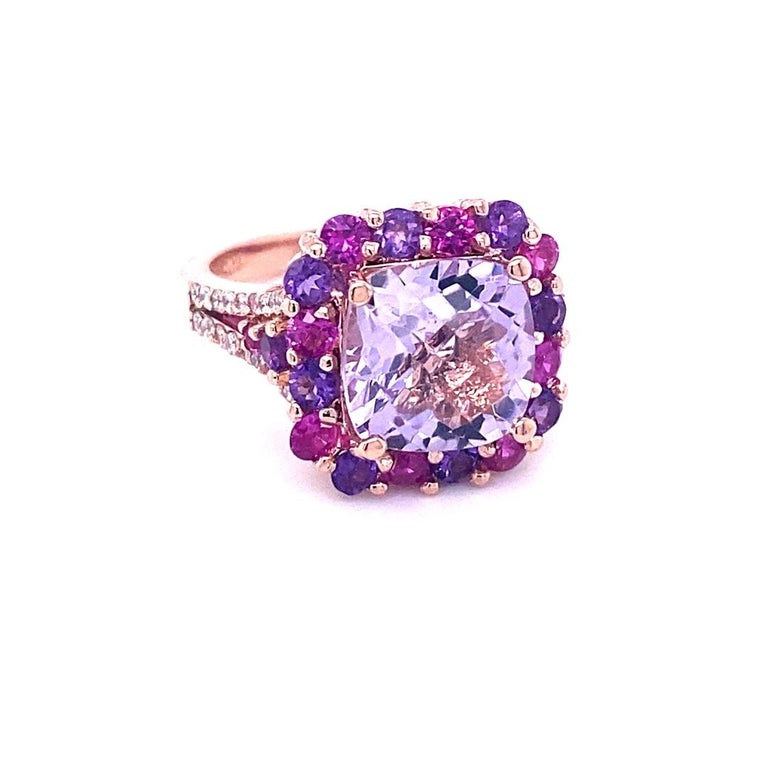 5.69 Ct Amethyst, Sapphire, Diamond 14K Rose Gold Cocktail Ring