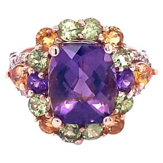 6.17 Ct Amethyst, Peridot, Sapphire, Diamond Rose Gold Ring