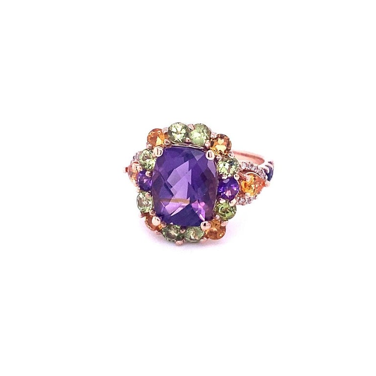 6.17 Ct Amethyst, Peridot, Sapphire, Diamond Rose Gold Ring